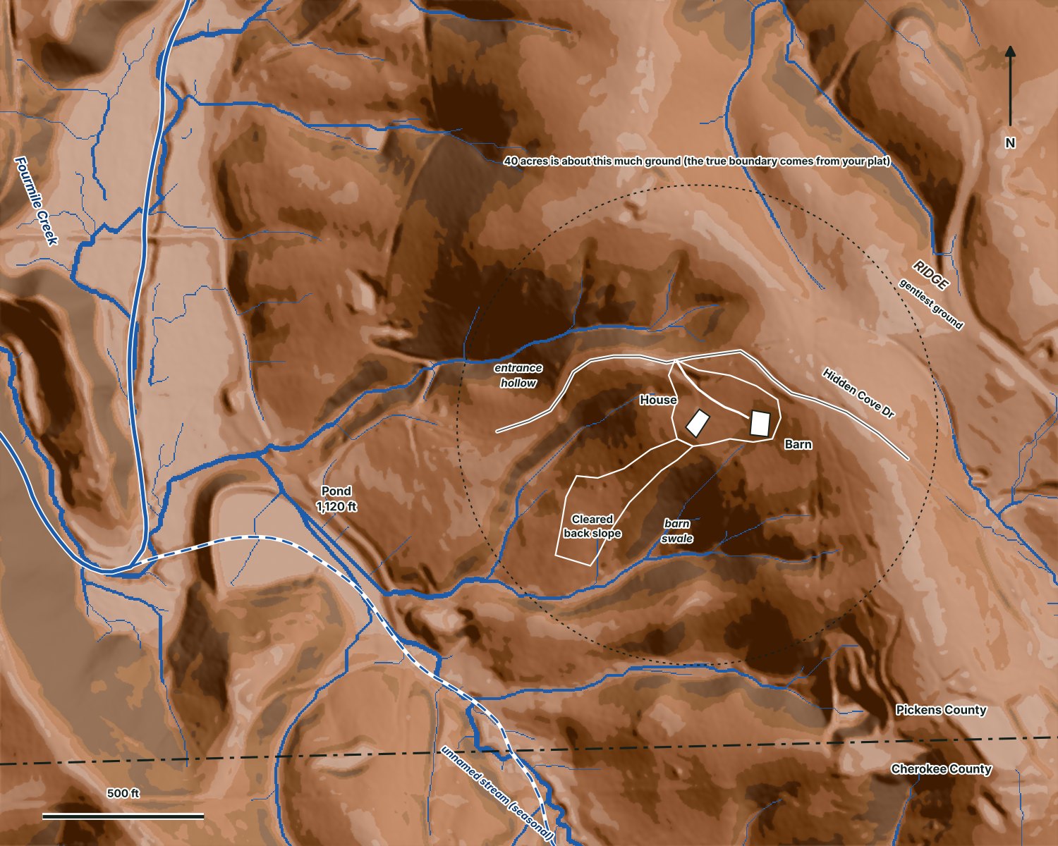 Wider terrain map showing the homestead, Hidden Cove Drive, the ridge, two hollows, the pond and the county line